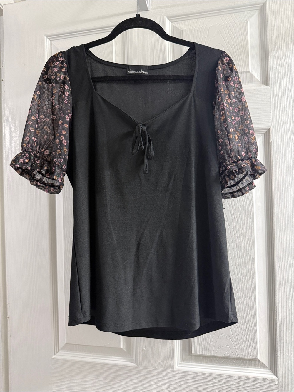 Black Blouse with Pink Floral Puff Sleeves and Tie Neck by A New Day